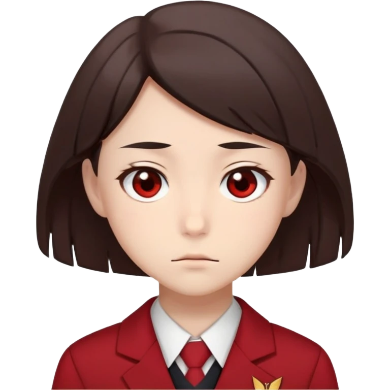 Ayanokoji with cold, expressionless face, sharp brown eyes, dark brown hair, red school uniform, serious vibe emoji