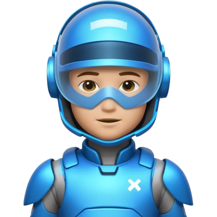 “Futuristic Roblox boy emoji, 2050 style. Blue neon visor, cyber helmet, metallic skin glow, hologram lines, tech-suit with glowing seams, soft neon background.” emoji