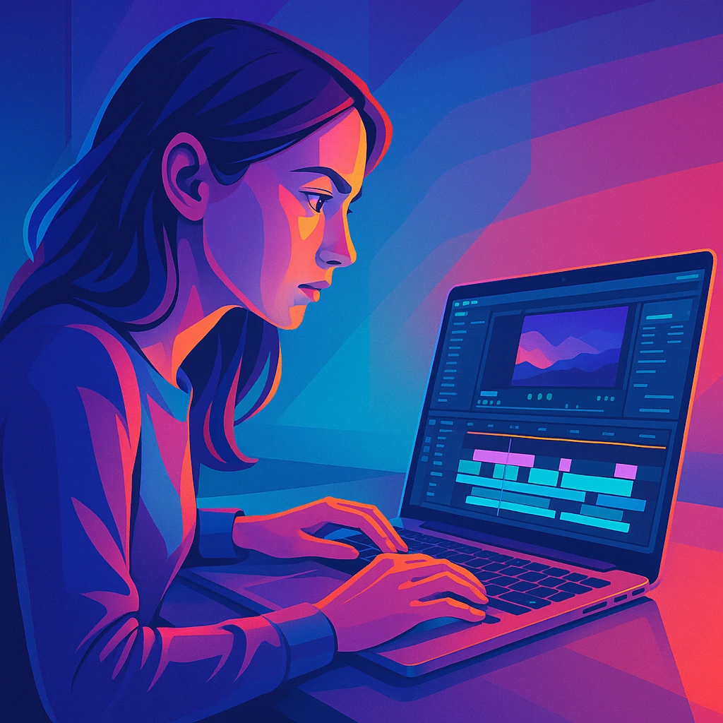 a woman editing a video on a laptop, modern digital art style emoji