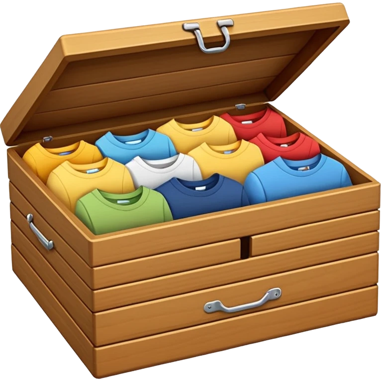 wooden storage box with folded clothes organized in compartments emoji style emoji