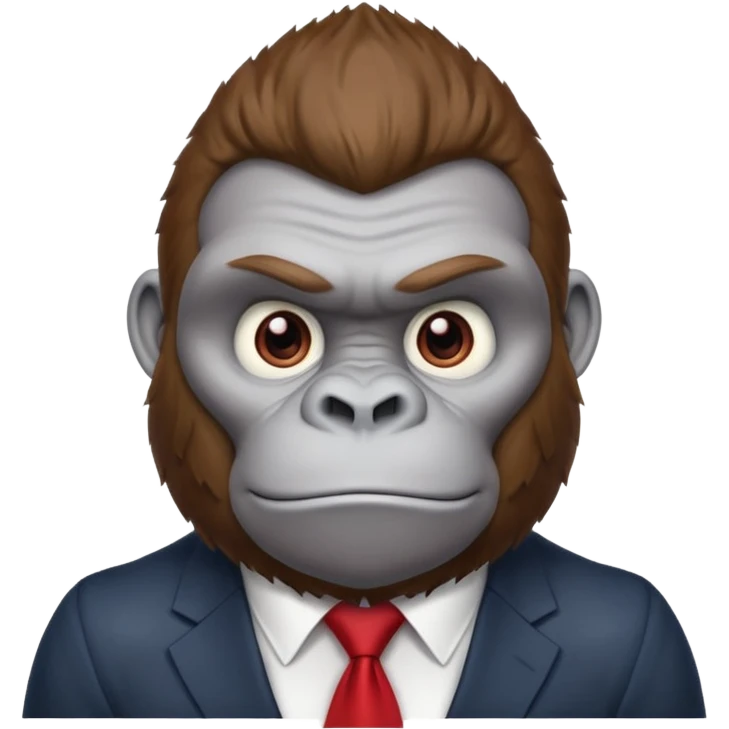 Brown haired cartoon gorilla with tufted tip of hair on the top of his head, light skin tone, heavy brows and cartoony eyes, he is a strong ape with and a red tie x💪🦍 emoji