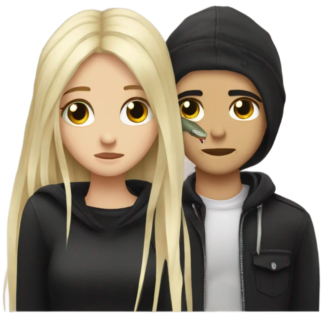 Emo couple hugging  guy with emo hair black snake bite lip rings hair girl with blonde hair emoji
