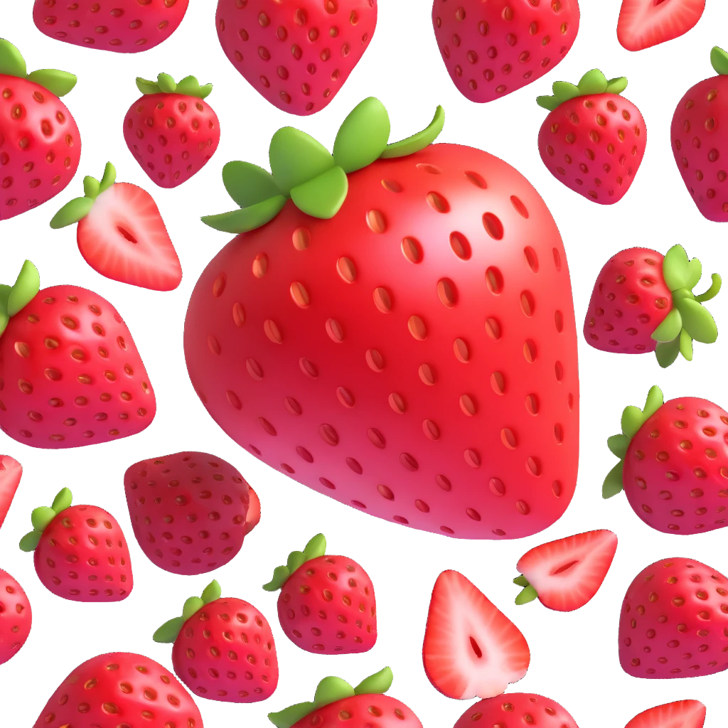 Red whole and sliced strawberry in iOS 3D style with bright colors, soft shadows, glossy highlights, realistic 3D form, smooth gradients, modern look, no background. emoji