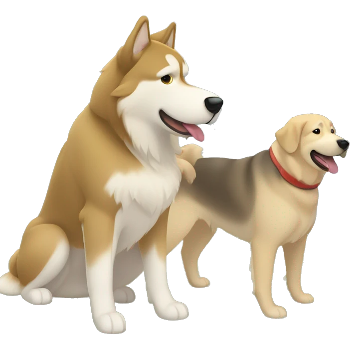 Light Brown malamute playing with a golden Labrador in the woods  emoji