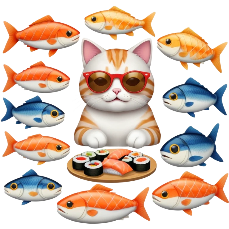 cat wearing sunglasses, looking cocky, eating sushi with more fish around emoji