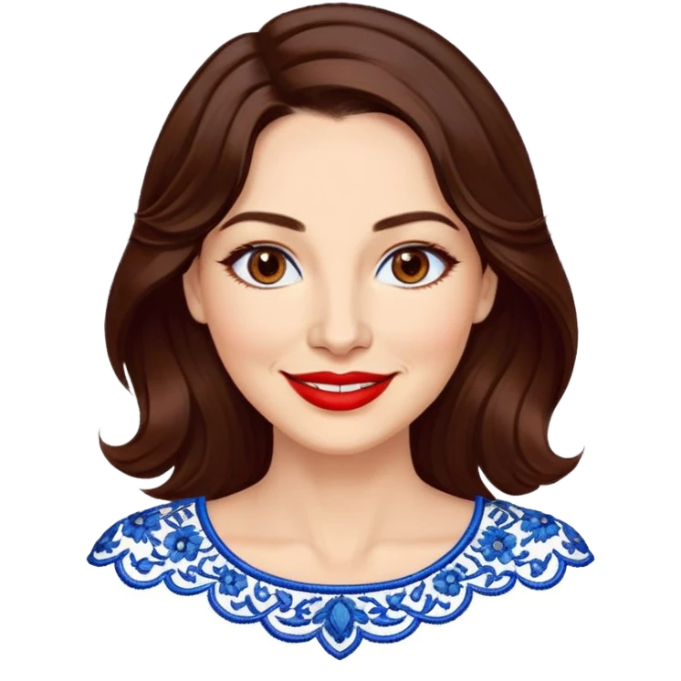 Woman in her 40s with clear skin, round face, wide friendly smile, big light brown eyes, vibrant red lipstick, shoulder-length wavy dark brown hair, white top with blue embroidery and electric blue neckline, mature elegant look emoji