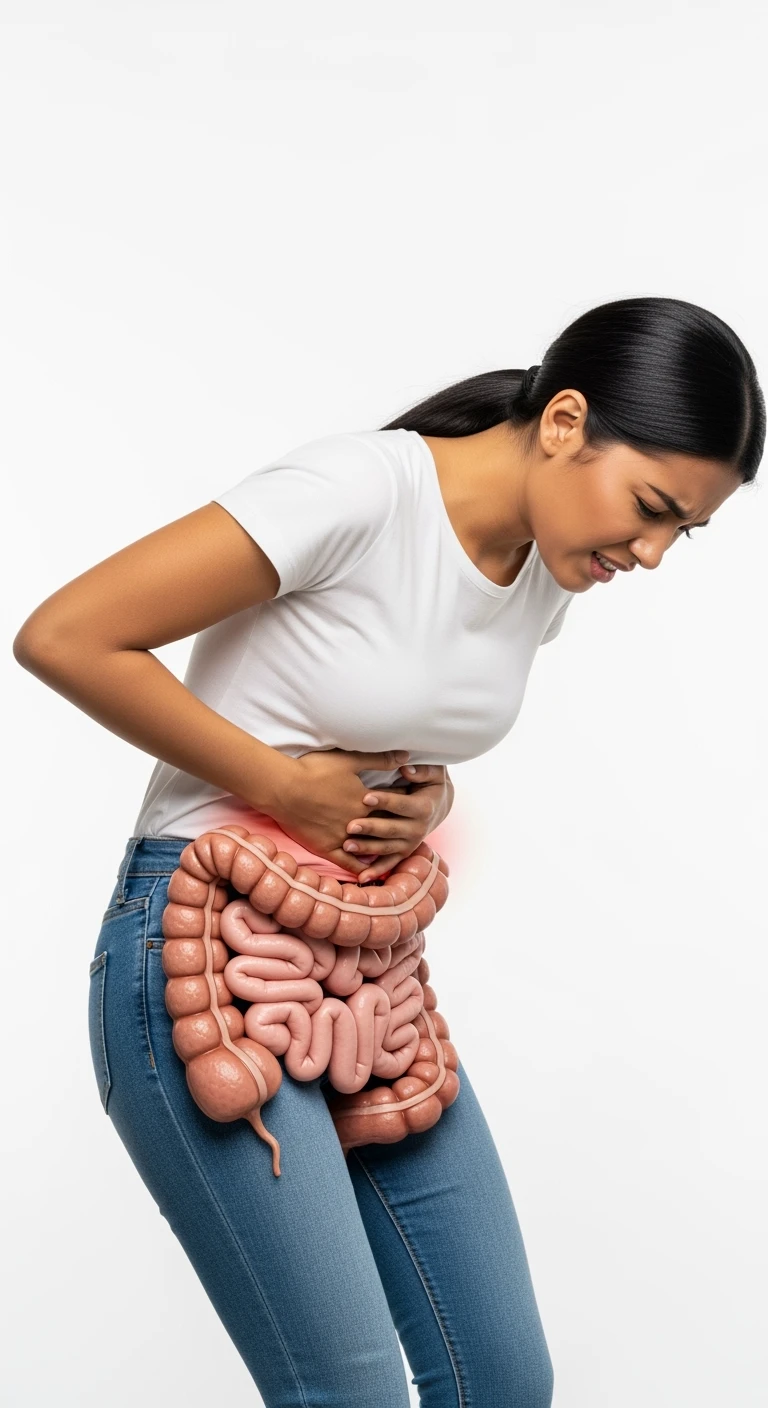 donna giovane piegata in avanti con mal di pancia e INTESTINO UMANO ANATOMICO IN EVIDENZA, iperrealistica 4k, ISOLATA SU SFONDO BIANCO emoji