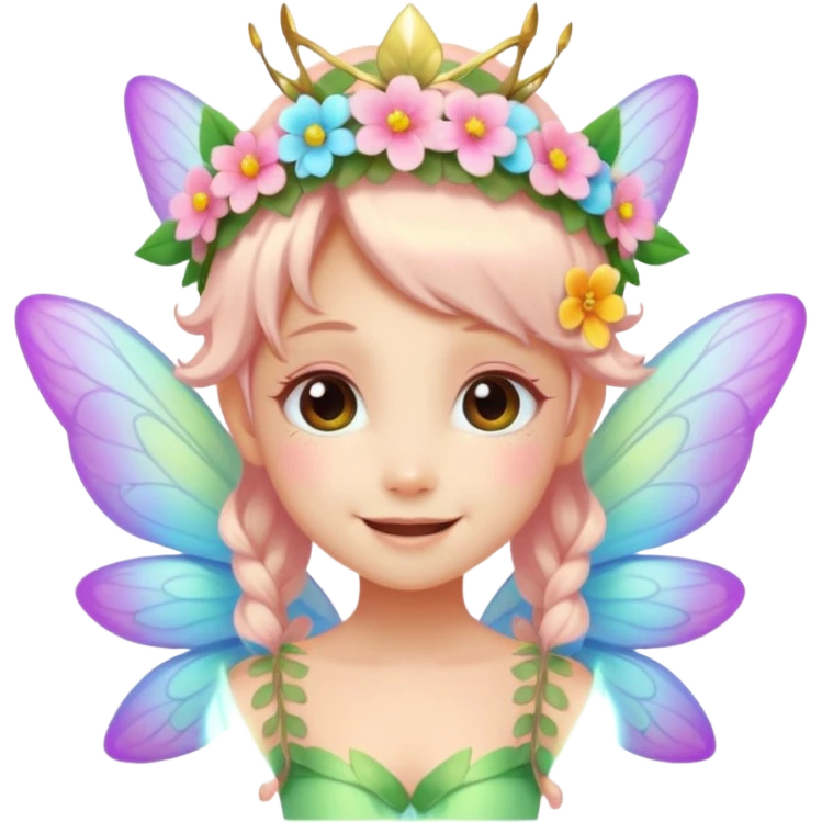A tiny pastel fairy with glowing wings and a sweet smile and tiny flower crown
 emoji