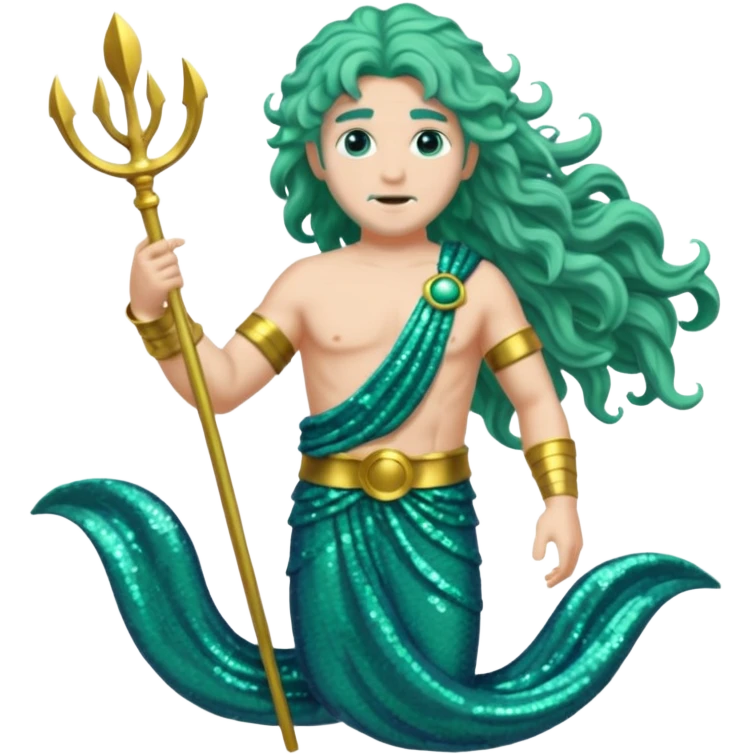 Neptune from Roman Deities with long sea green wavy hair, sea green sequin toga emoji