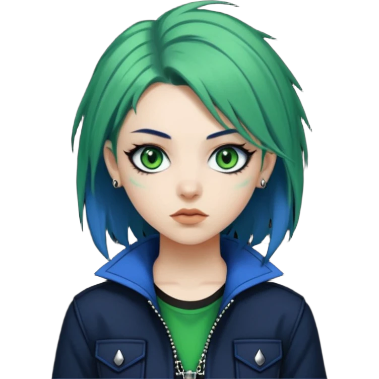 woman with white skin and green eyes, her hair is shoulder length black with navy blue hime cut layers, wearing green and blue y2k and punk themed clothes  emoji