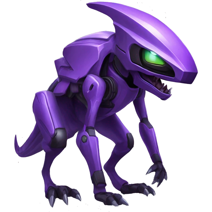 a black-purple Genesect-Raptor-Fakémon—hybrid with a futuristic visor-helmet full body emoji