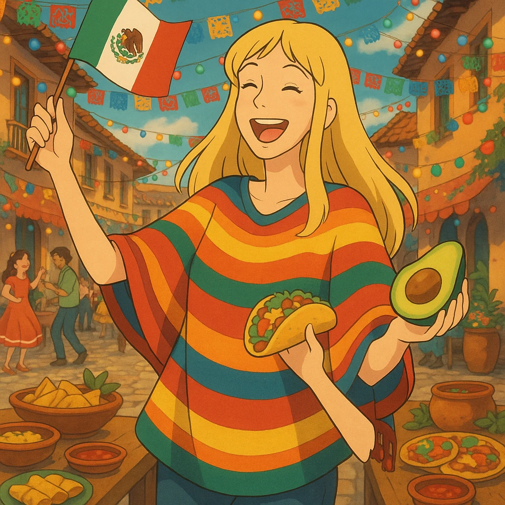cartoon of a tall blonde woman in a colorful poncho, smiling, holding a taco and avocado, waving a Mexico flag, dancing in a festive street party background with food and decorations emoji