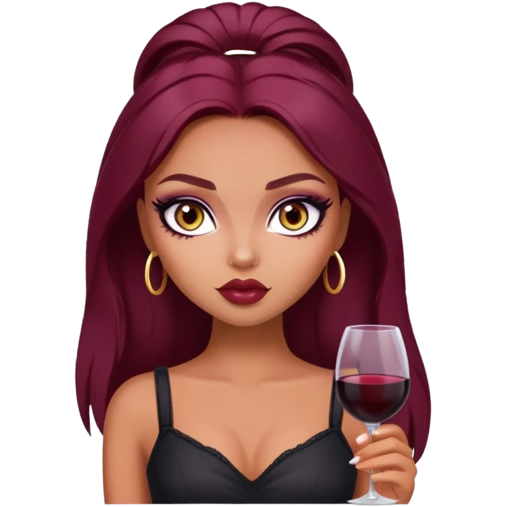dark winered hair, pretty eyes, pretty makeup, pretty bratz baddie emoji
