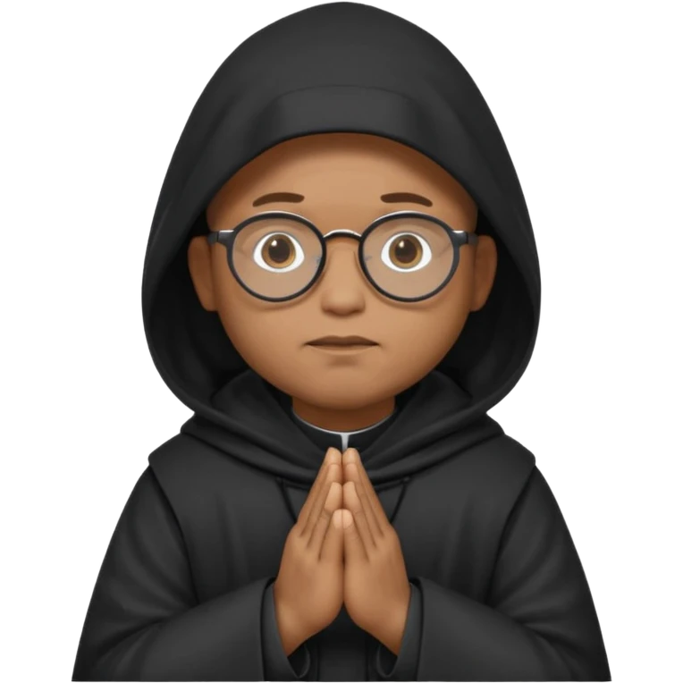 Monk priest prayer black habit with hood round black glasses done light brown wavy hair under hood remove the medallion smaller more round glassed age 46 remove necklace thinner or more oval face  emoji