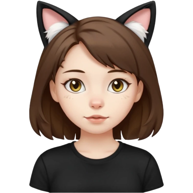 a girl with pale skin, medium length brown hair with lots of dandruff , cat ears and a tail, with a black t-shirt on emoji