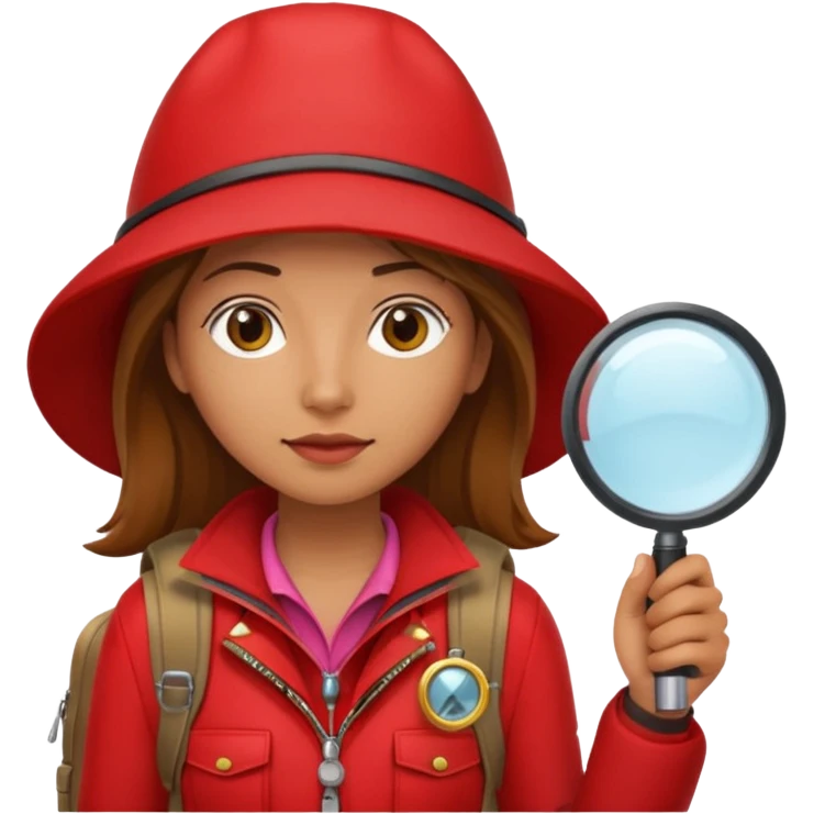 Explorer woman with red jacket backpack and magnifying glass emoji