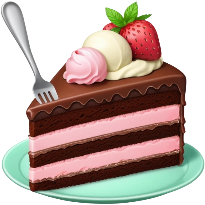 Slice of chocolate cake with strawberry icing and a scoop of mint ice cream on the side emoji
