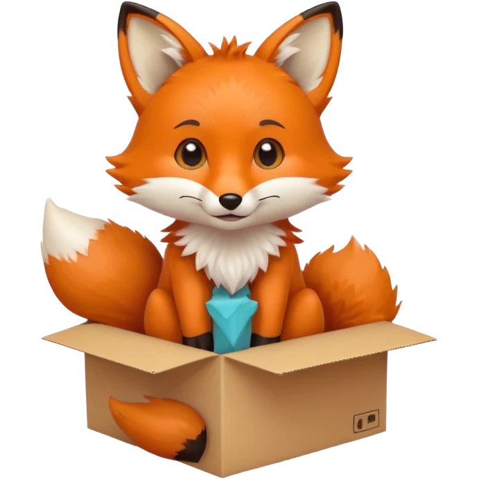 cute fox sitting in a cardboard box with a playful expression emoji