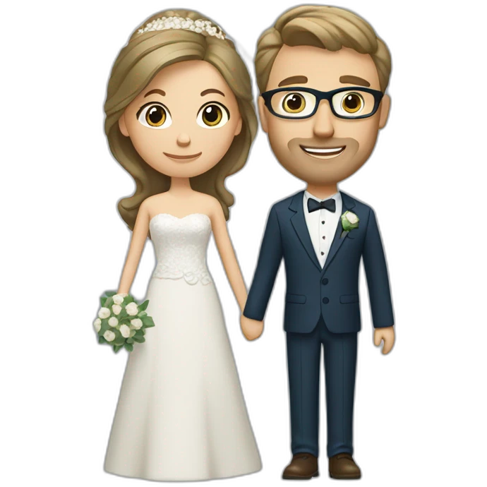Wedding couple. Bride has brown hair pinned up. She wears lace dress. She has blue eyes. Groom has olive green suit and brown vest. He has blond hair. He wears glasses. He has blue eyes too. emoji