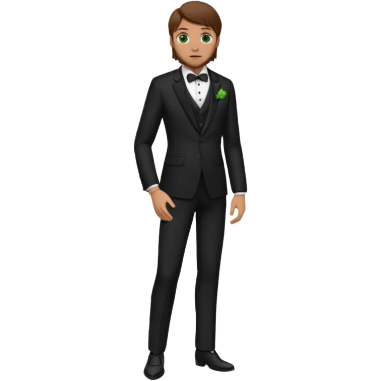 Chico blanco, pelo castaño, ojos verdes, traje boda oscuro y flor solapa , cuerpo entero emoji