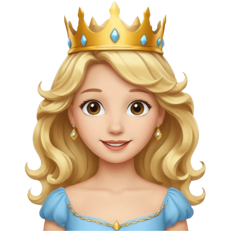Cheerful blonde princess with wavy hair and light blue dress, wearing crown emoji