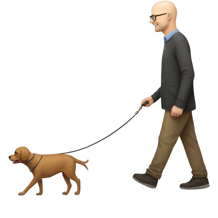 Bald white man with glasses walking a small brown dog emoji
