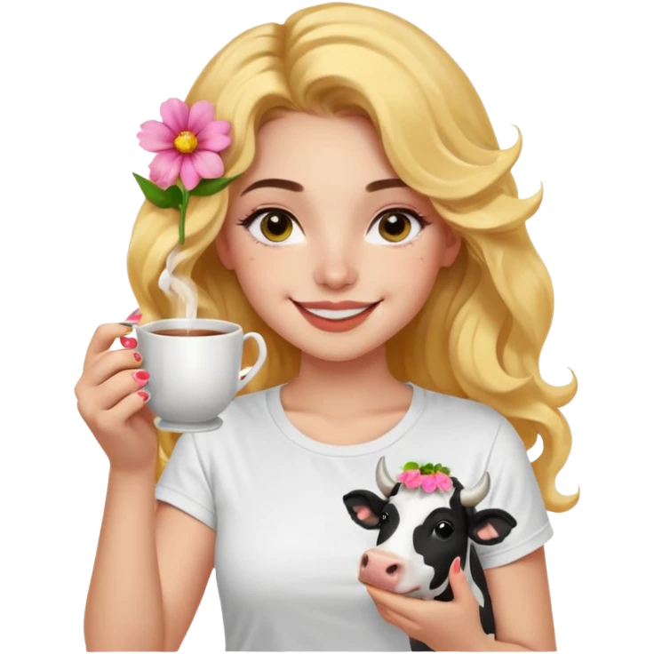 Emoji de iPhone una chica de Cabello ondulado un poco más largo, las expresiones un poco más amigables y coquetas, ojos color negro y un poco de iluminador en la nariz, remera blanca coquette y uñas de florecitas, sonriendo y haciendo distintas expresiones, tomando té y acariciando una vaquita emoji