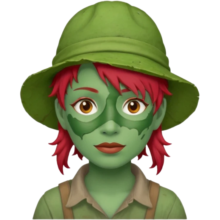messy green full face green clay mask and tourist hat red hair  emoji