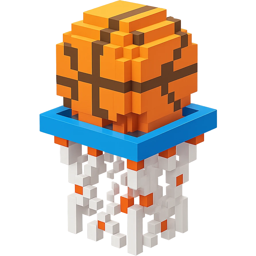 Voxel-style basketball in a net, variation 1 emoji