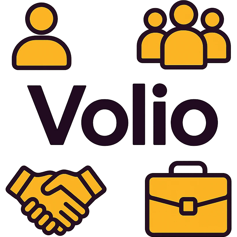 minimalistic abstract logo design with dominant orange-yellow color palette, Volio logo centered, modern symbolic icons representing Human Resources including person, group of people, handshake, briefcase, clean balanced futuristic tech-style layout, high contrast on white background, simple professional visually striking emoji