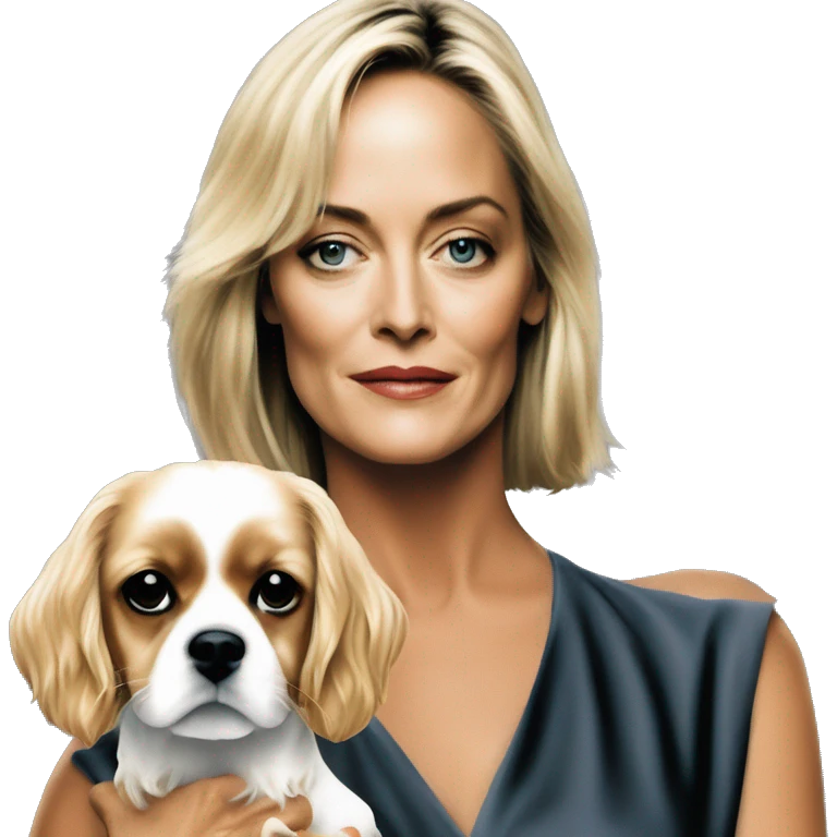Young sharon stone in basic instinct walking with cavalier King Charles spaniel  emoji