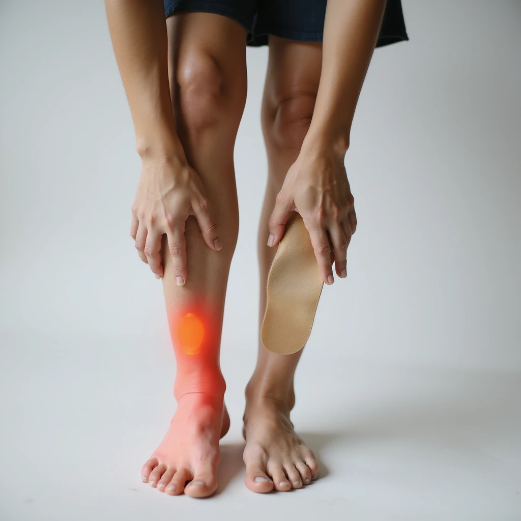 woman standing with shoe off, orthopedic insole clearly visible and foot red, expression of pain, realistic style, neutral background emoji