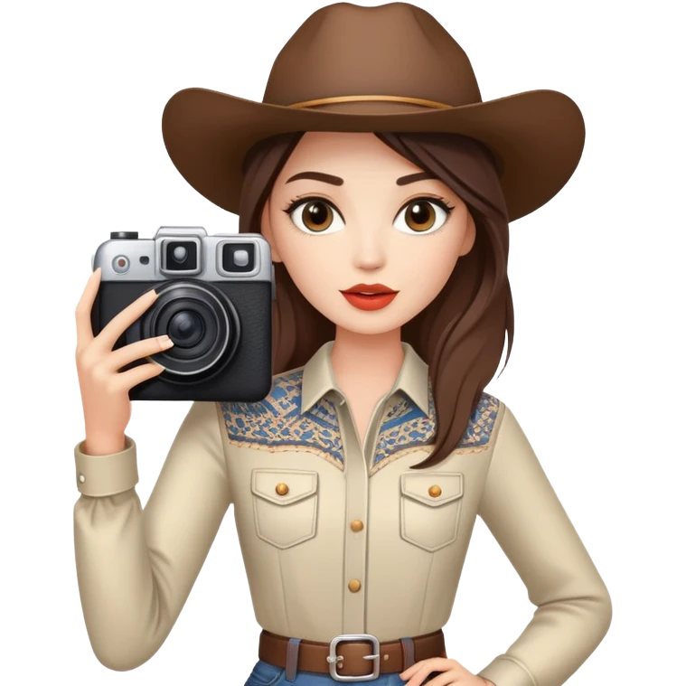 Western female fashion model posing with camera taking selfie, stylish outfit emoji