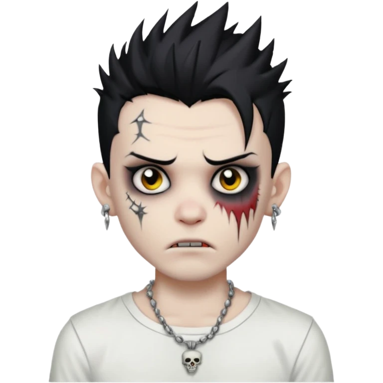 zombie boy with spiky emo black hair and white shirt , tattos, a risk on the eyebrow, earings,  a necklace emoji emoji