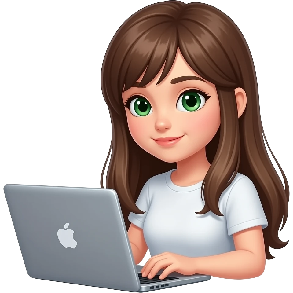 girl with green eyes and brown long straight hair working on a laptop emoji