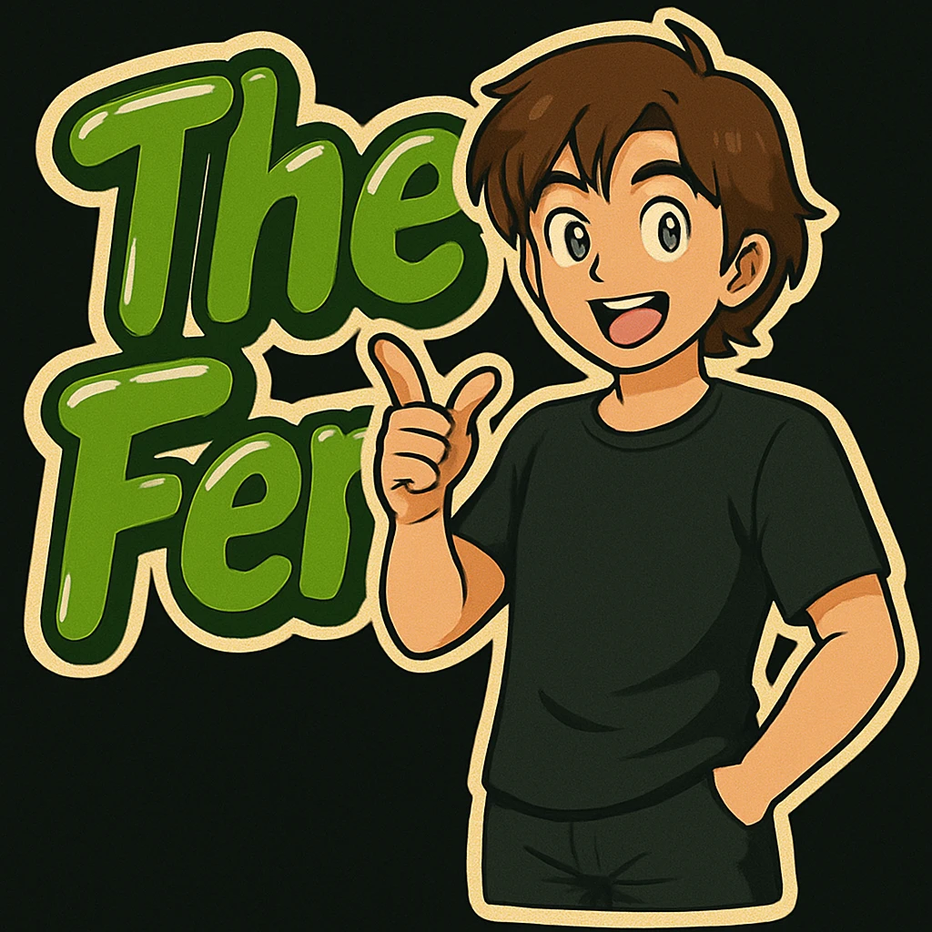 Edit the anime man to wear a black t-shirt with no jacket, standing in front of green bubble letters that say 'The Fern'. Keep his medium-length brown hair and expressive anime face. Maintain a rounded, glossy, energetic vibe in the style of the original image. emoji