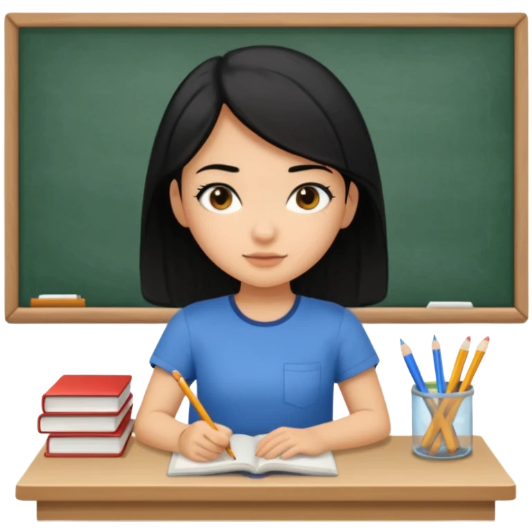 girl with black hair in short sleeves focusing in class emoji