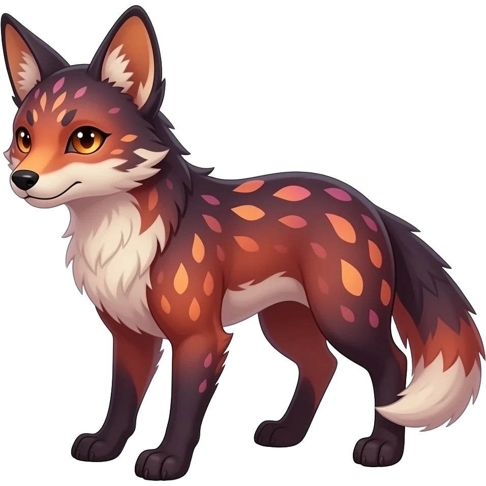 Realistic Hyper-realistic Feral Rare Fantasy dark pastel gradient-pink-red-orange Vernid-Fionbri-Sergal-species by LiLaiRa, random markings, tufted ears, full body, 4 legs emoji