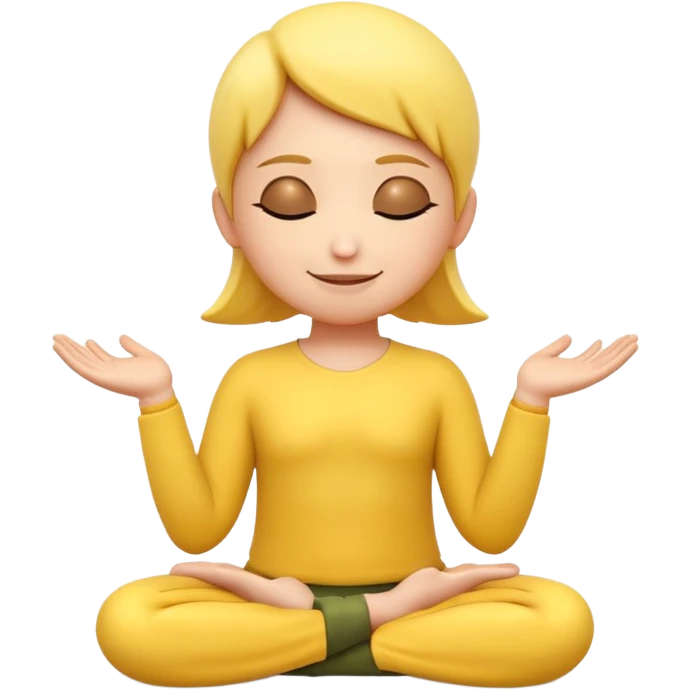 A 3D Apple-style yellow round emoji sitting in a lotus position, eyes gently closed, calm and peaceful smile, hands resting on knees with palms facing upward, relaxed eyebrows, soft glow around the emoji to symbolize inner peace, clean minimal background. emoji