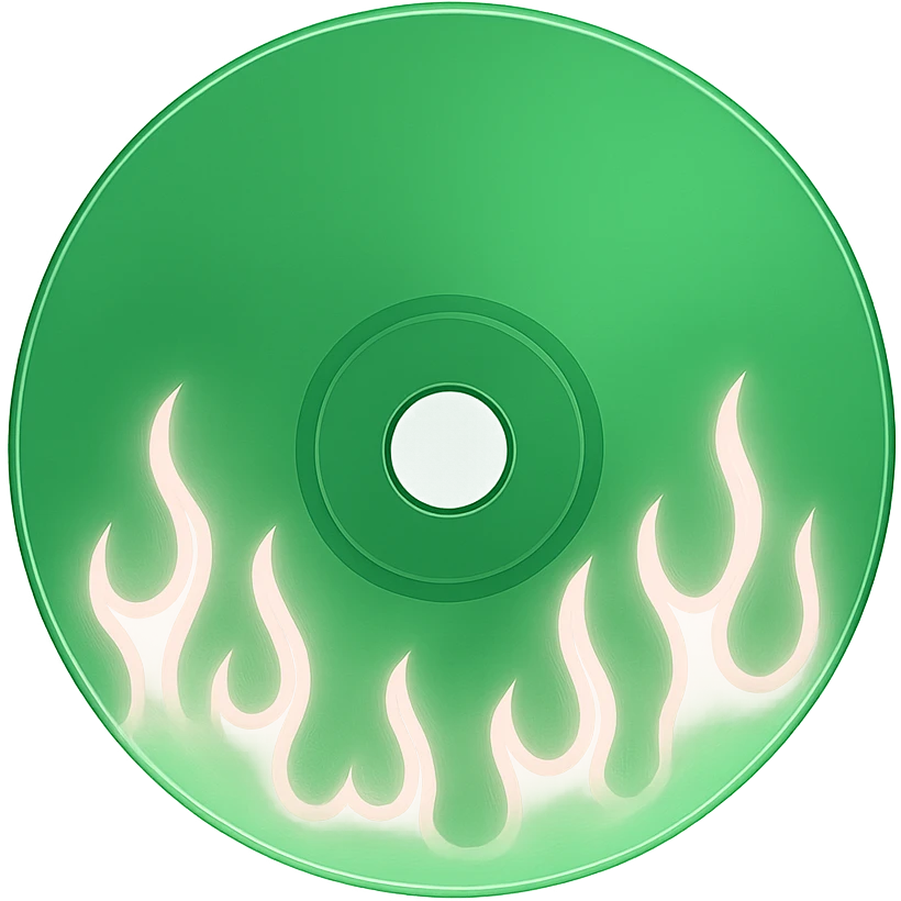 A minimalist CD disc with subtle pink flames, glowing effect, variation 2, color: green emoji