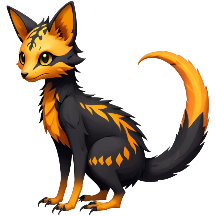 Rare realistic exotic edgy dark gothic gloomy spooky black and orange/yellow epic pretty beautiful handsome gorgeous aesthetic colorful vibrant Vernid-Trico-species-Fakemon-creature by LiLaiRa, 4 legs, 1 tail, random markings, (full body) emoji