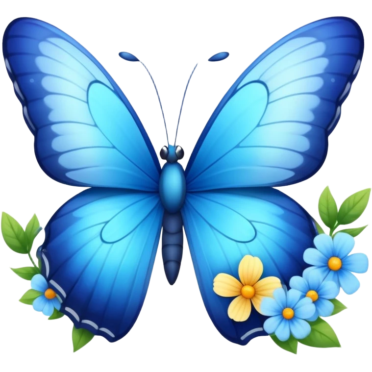 A vibrant blue butterfly with a cute smiling face, fluttering in spring with flowers around emoji