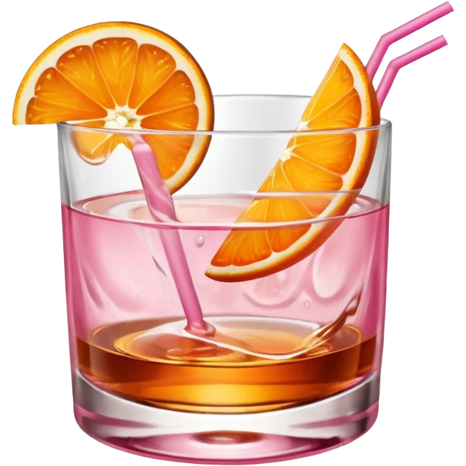 Pink drink in a whiskey glass with an orange slice on the rim emoji