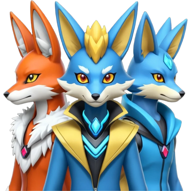 Futuristic modern colorful cyberpunk-Delphox-Zeraora-Lucario-fusion emoji