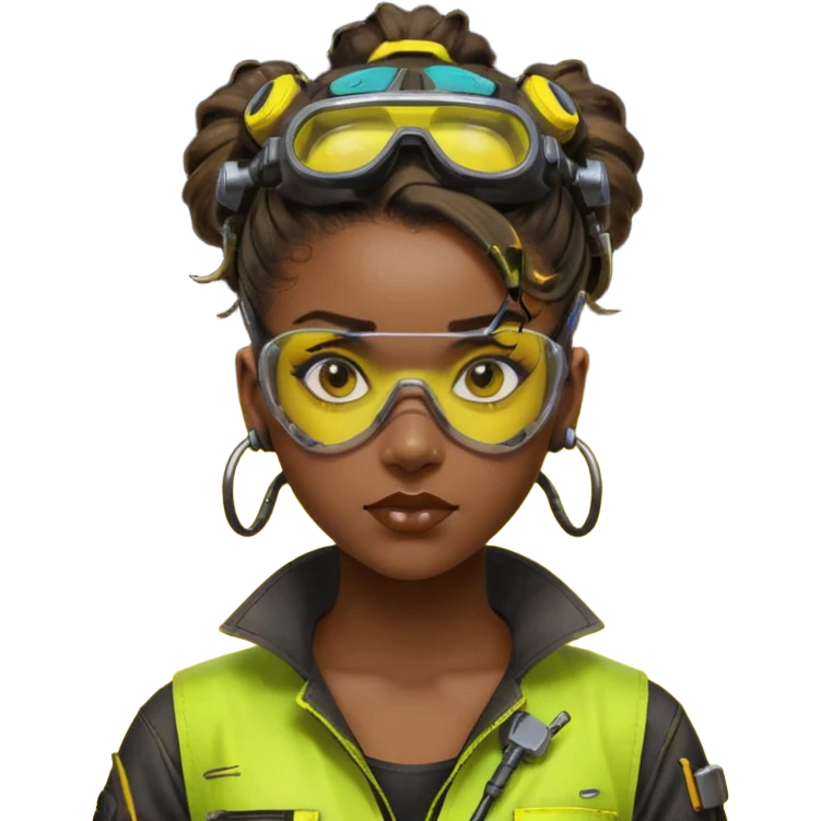Cyberpunk black female mechanic, yellow tech goggles on forehead, messy hair bun, ear piercings, tool collar, grease smudge on cheek, focused expression, neon yellow lighting emoji