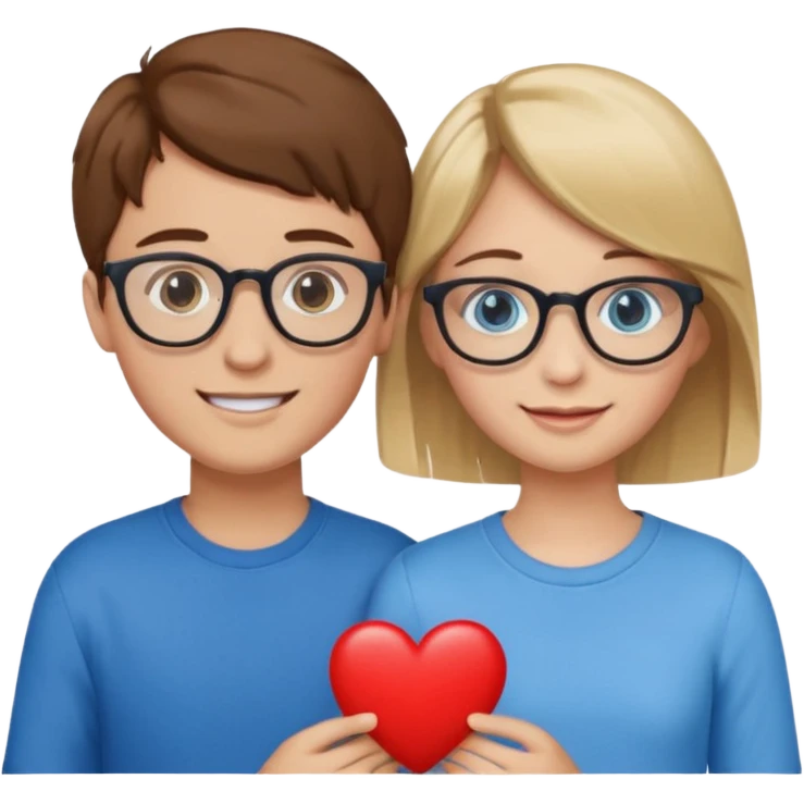 two young lovers, a red heart in the middle, boy with brown hair and glasses, girl blonde with blue eyes without glasses, emoji style emoji