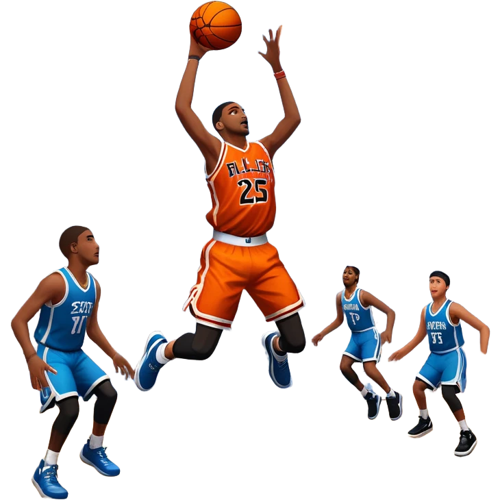 An icon featuring a basketball court with players in action, inspired by NBA 2K25. A player jumps for a dunk, with the ball mid-air. Bright lights illuminate the court, symbolizing the excitement of sports simulation games. Transparent background emphasizes the energy. emoji