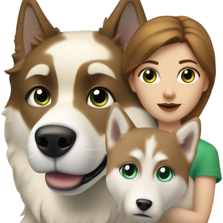 White Woman hair brown and bleus eyes and golden Husky With green eyes emoji