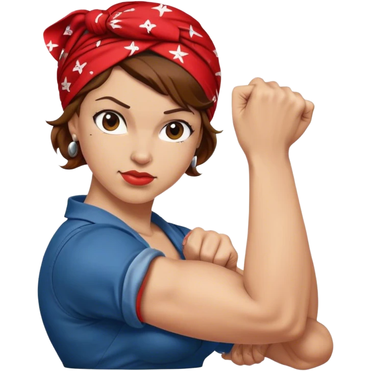Light skin and brown hair with red bandana Rosie the Riveter shows biceps emoji