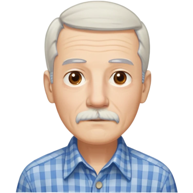 Thin elderly man with light skin. Elongated face with kind expression. Light brown eyes. Thin eyebrows. White goatee and white mustache. Fine straight gray-white hair with bangs, hair is long and goes past his ears. Slim build. Wearing a blue and beige checkered button-up shirt. emoji